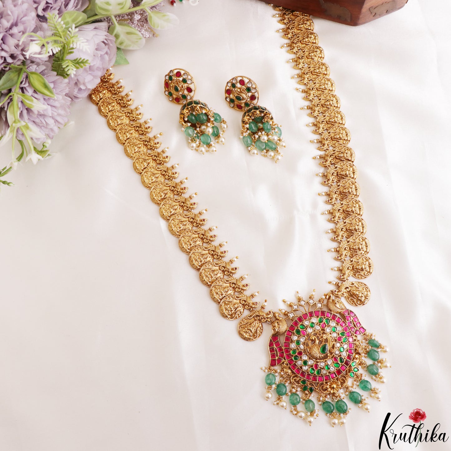 Premium Antique Peacock Motifs Lakshmi Kasu Jadau Haaram With Green Bead Drops LH2197