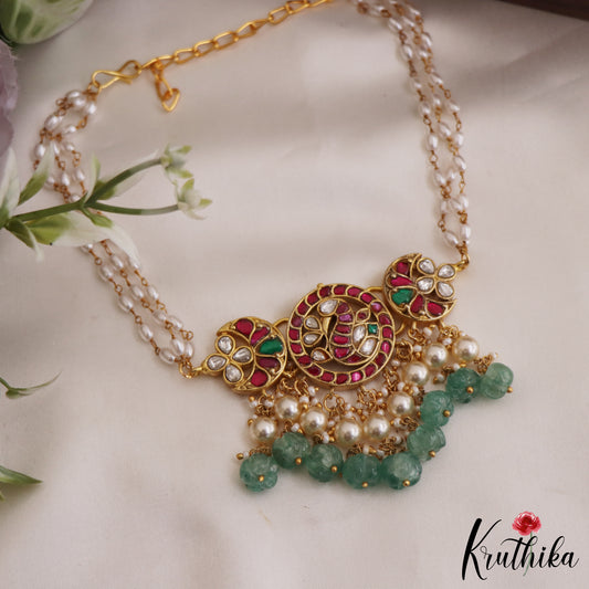 Gorgeous Peacock Floral Motifs Jadau Choker With Triple Strand Pearl Chain NC2622
