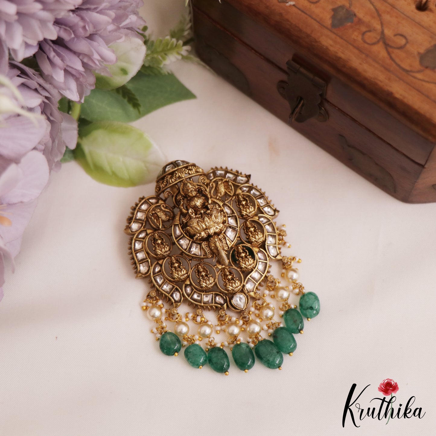 Premium Antique Lakshmi Motifs Jadau Pendant Set With Green Bead Drops PS281 (Available In 3 Colors)