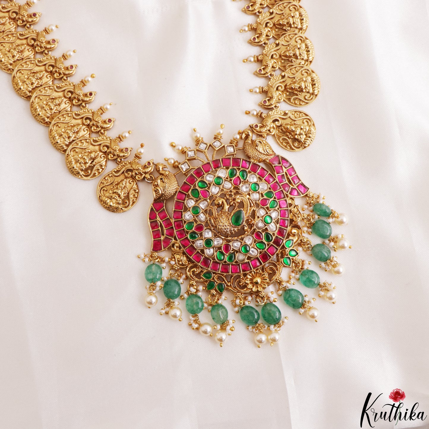 Premium Antique Peacock Motifs Lakshmi Kasu Jadau Haaram With Green Bead Drops LH2197