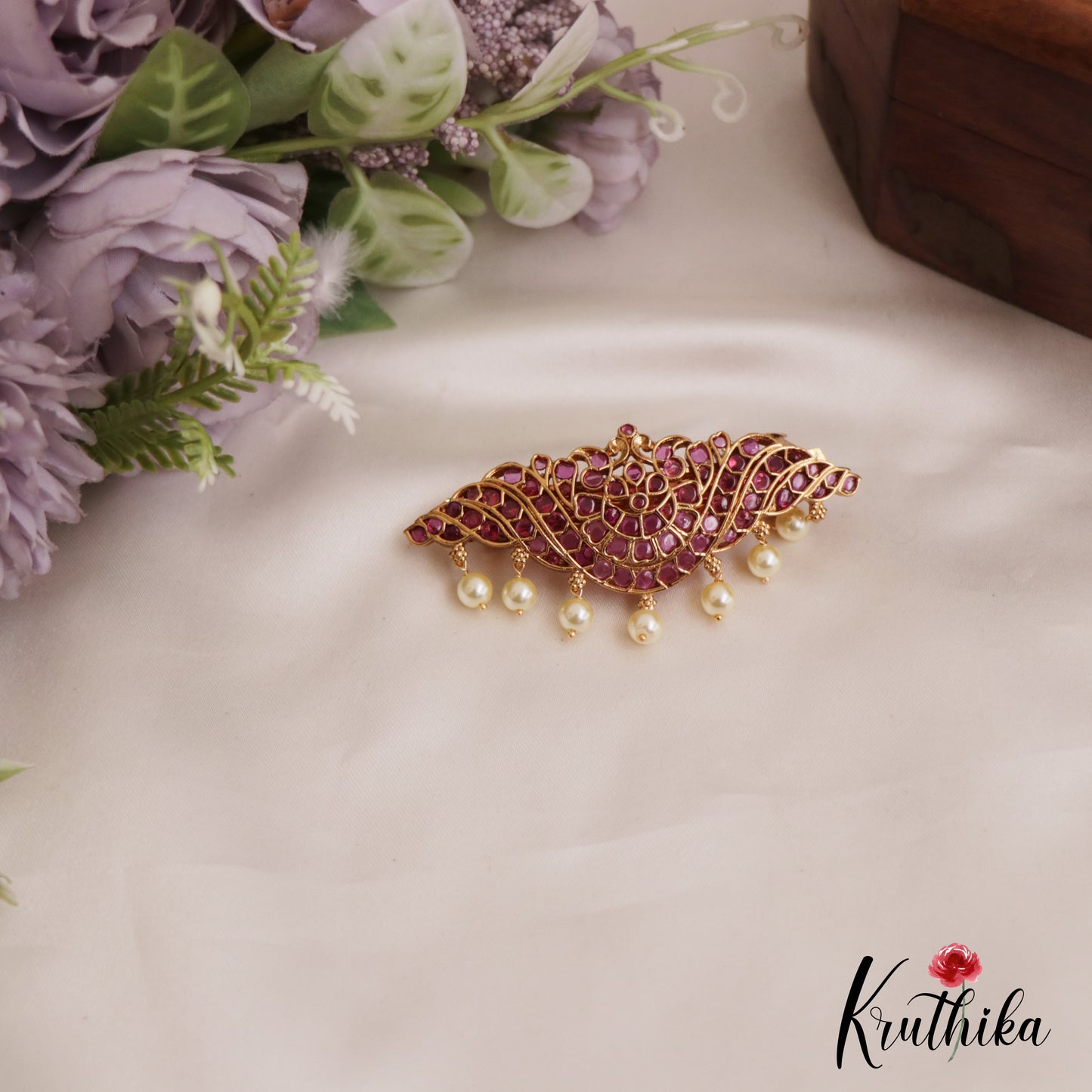 Classic Floral Motifs Jadau Hair Clip With Pearl Drops J355 (Available In 2 Colors)