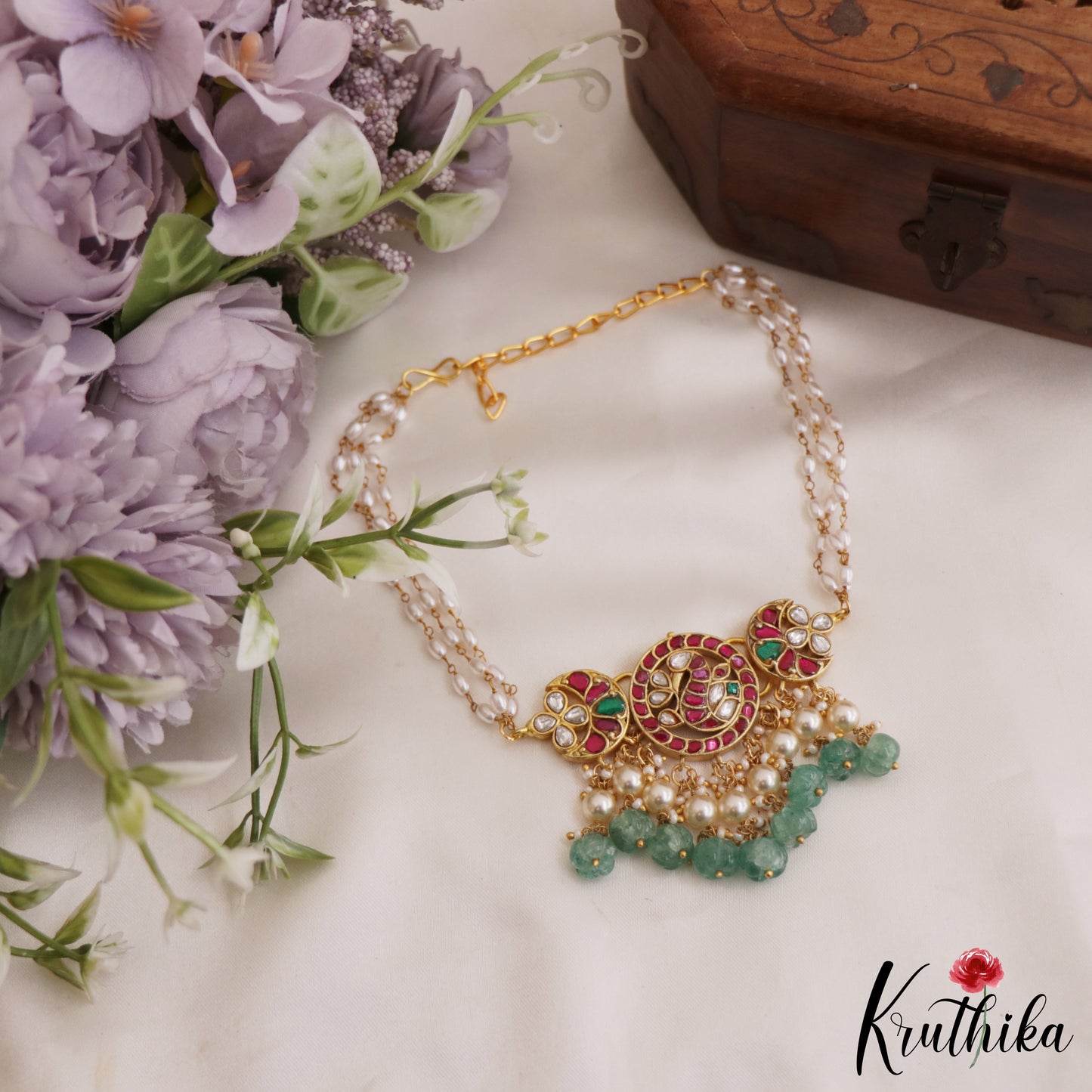 Gorgeous Peacock Floral Motifs Jadau Choker With Triple Strand Pearl Chain NC2622