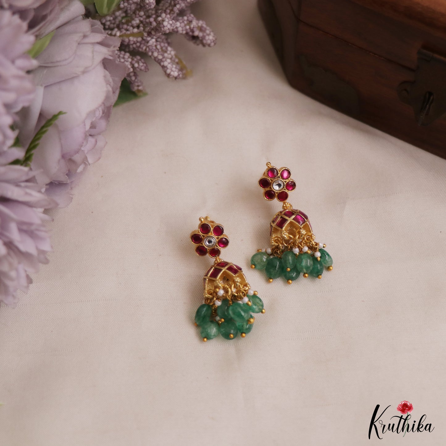 Pretty Floral Motifs Jadau Jhumkas With Green Bead Drops E1155