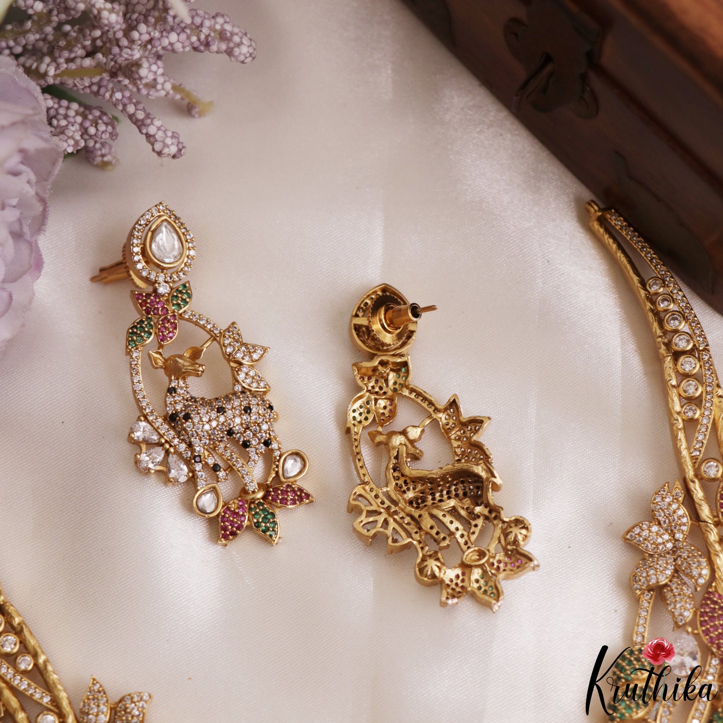 Pretty Deer Motifs Polki CZ Victorian Necklace NC3150