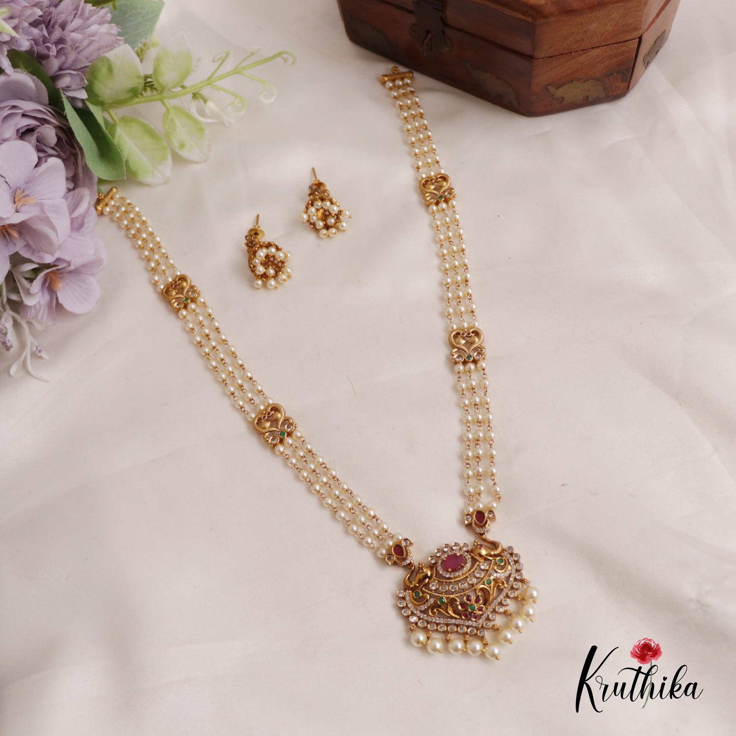Attractive Triple Layered Pearl Strands With Elephant Motifs Pendant Haaram LH2015
