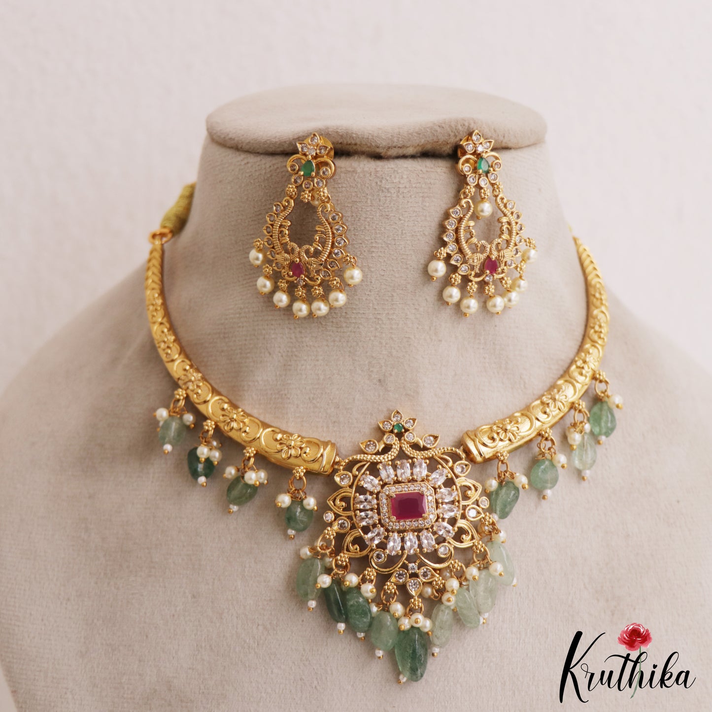Elegant Floral Peacock Motifs Hasli Choker With Green Bead Drops NC2925