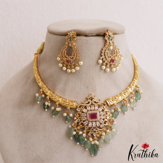 Elegant Floral Peacock Motifs Hasli Choker With Green Bead Drops NC2925