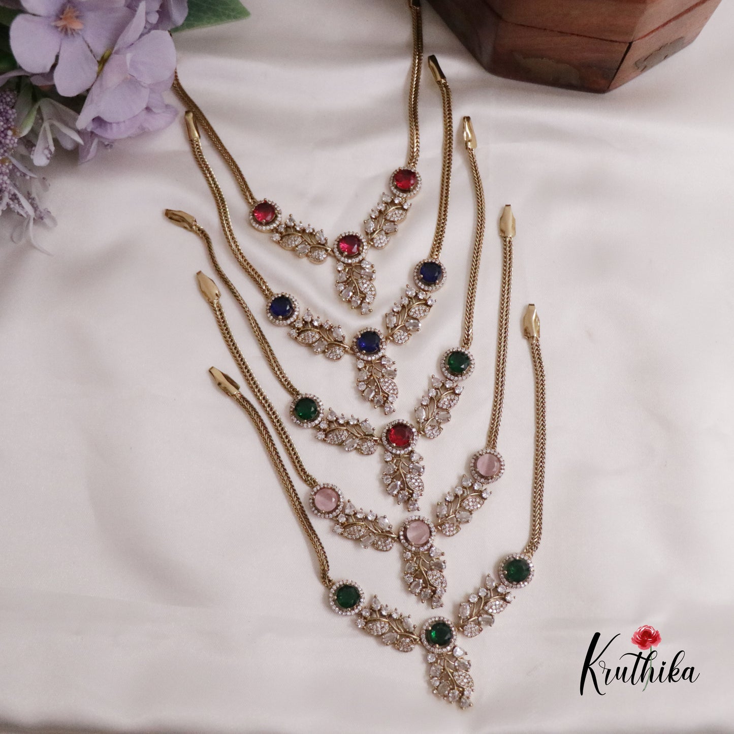 Simple AD Stone Floral  Necklace Set NC2229  (Available in 5 Colours)