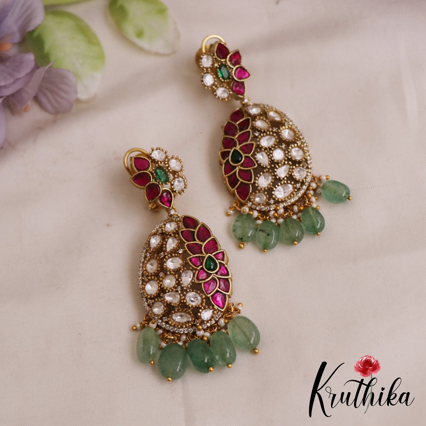 Beautiful AD Floral Leaf Motifs Jadau Earrings With Green Bead Drops E1064