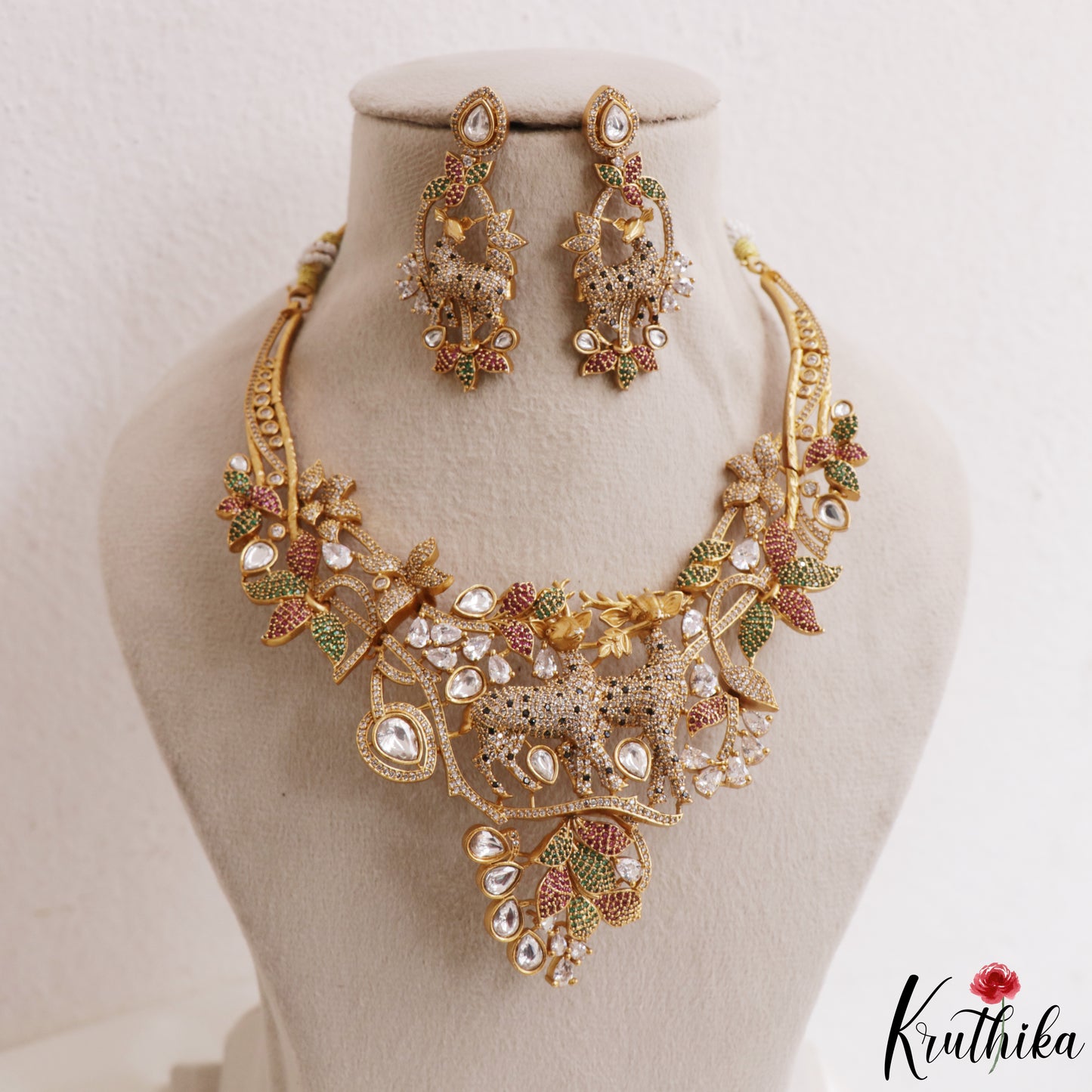 Pretty Deer Motifs Polki CZ Victorian Necklace NC3150