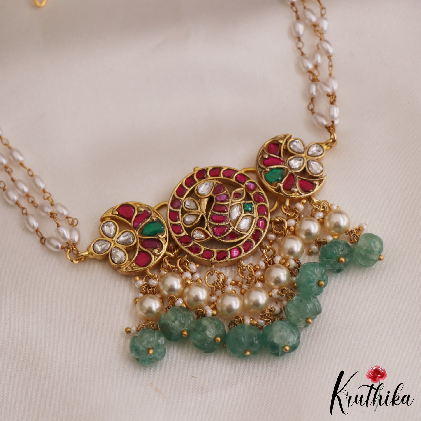 Gorgeous Peacock Floral Motifs Jadau Choker With Triple Strand Pearl Chain NC2622