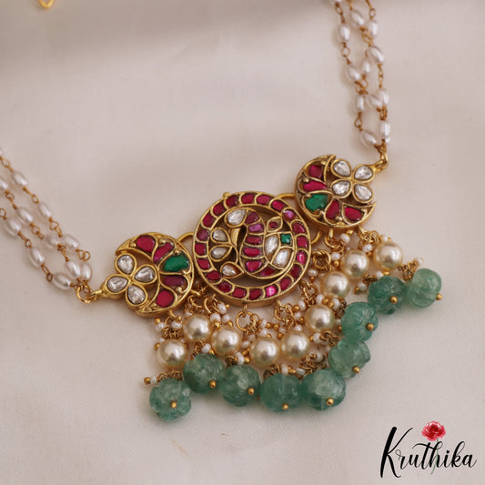 Gorgeous Peacock Floral Motifs Jadau Choker With Triple Strand Pearl Chain NC2622