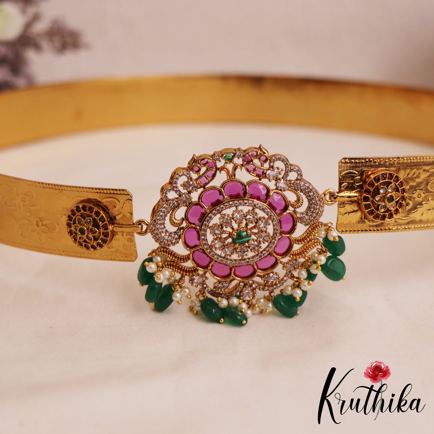 Elegant Floral Peacock Motifs Hip Belt With Green Bead Drops V369