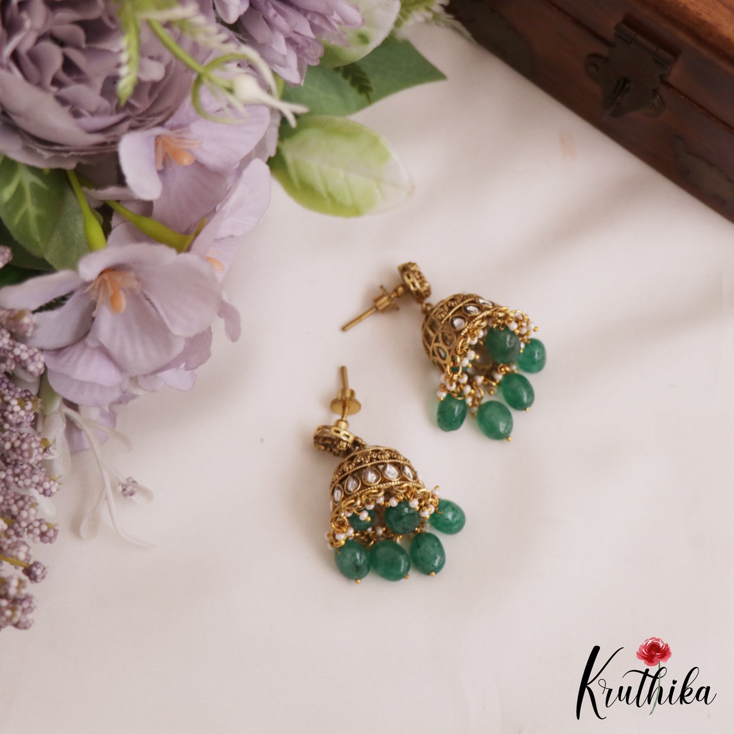 Premium Antique Lakshmi Motifs Jadau Pendant Set With Green Bead Drops PS281 (Available In 3 Colors)