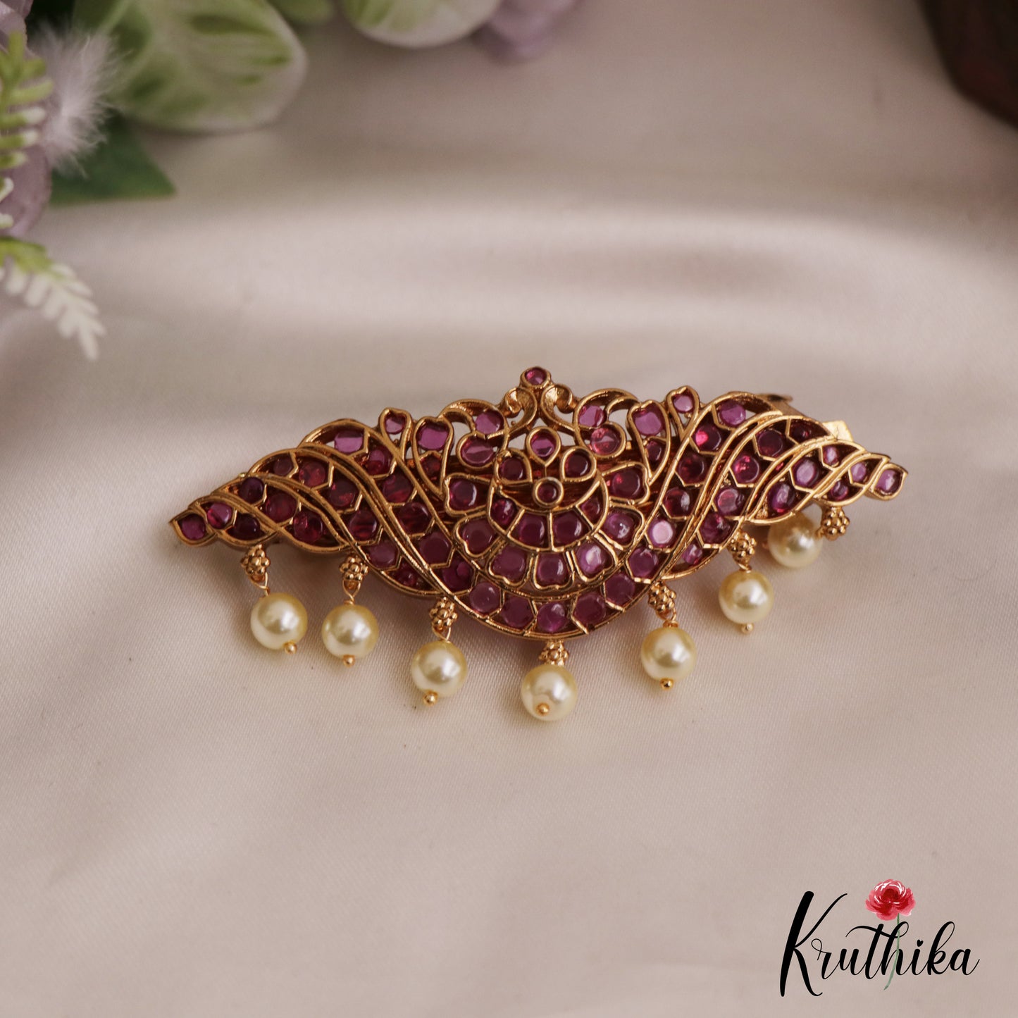 Classic Floral Motifs Jadau Hair Clip With Pearl Drops J355 (Available In 2 Colors)
