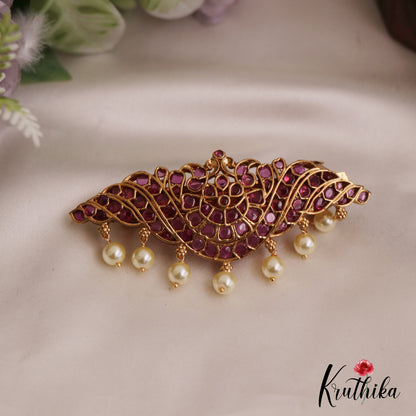 Classic Floral Motifs Jadau Hair Clip With Pearl Drops J355 (Available In 2 Colors)