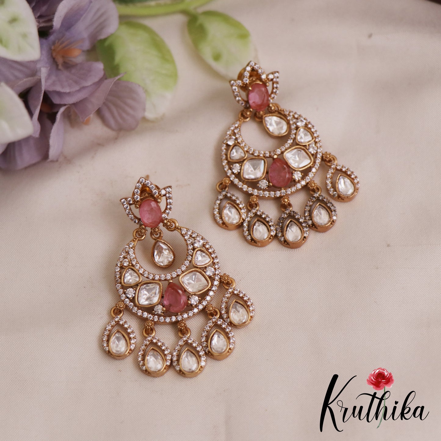 Sparkling Teardrop AD Victorian Chandbali Earrings E1063 (Available In 4 Colors)