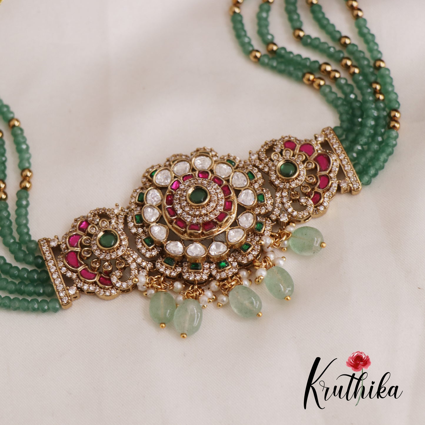 Classic Floral Motifs Jadau Choker With Multi Strand Chains NC2608 (Available In 2 Colors)