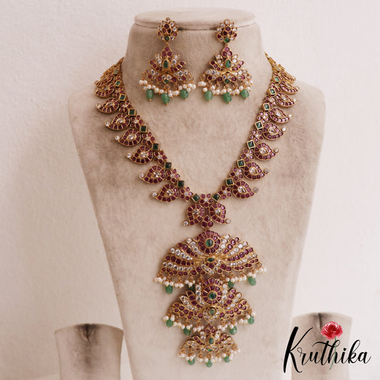 Stunning Mango Motifs Kemp Necklace With Green Bead Drops NC2829