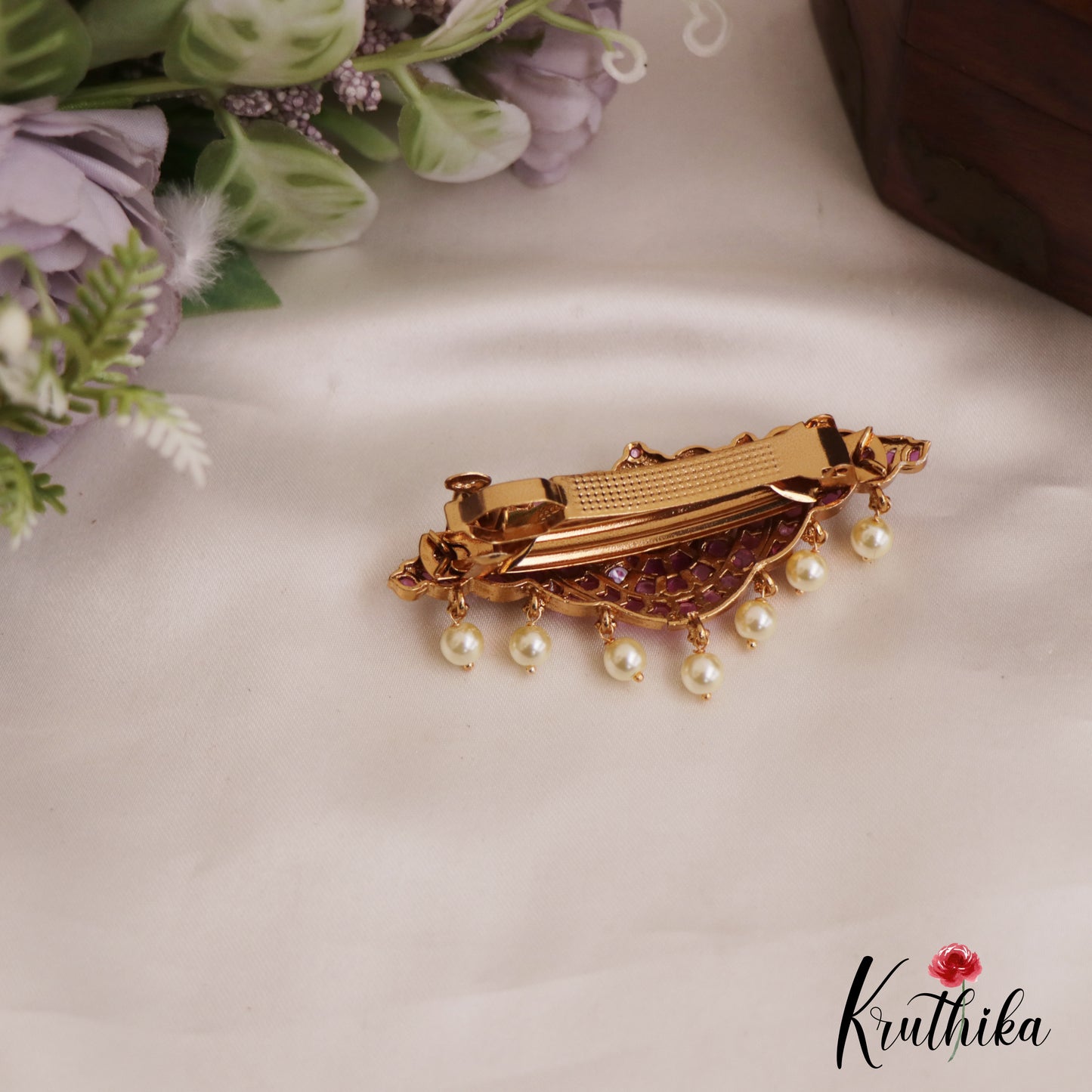 Classic Floral Motifs Jadau Hair Clip With Pearl Drops J355 (Available In 2 Colors)