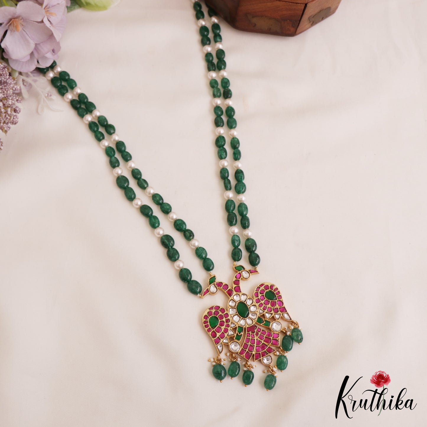 Premium Reversible Jadau Garuda Pendant haaram With Green Bead Drops LH2056