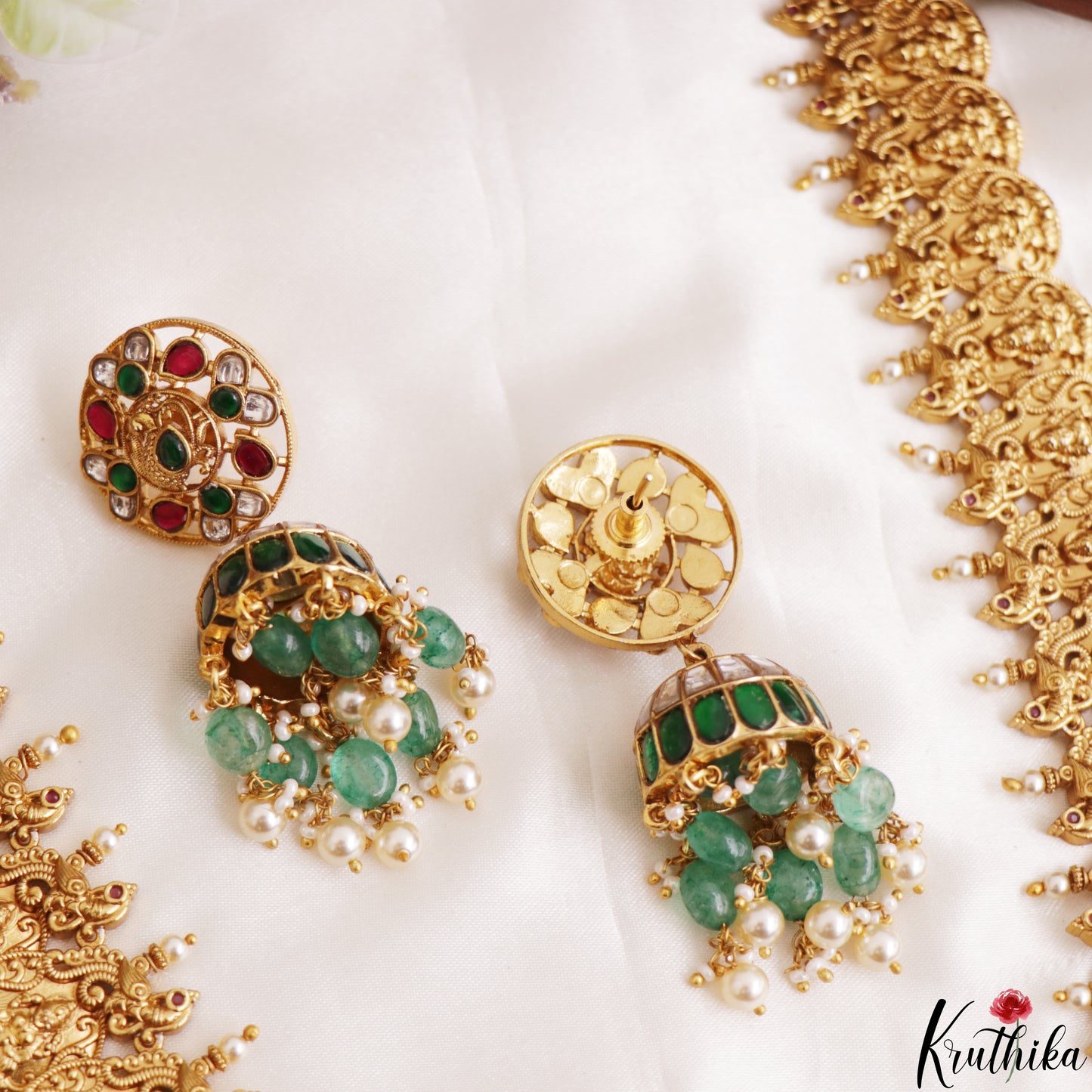 Premium Antique Peacock Motifs Lakshmi Kasu Jadau Haaram With Green Bead Drops LH2197