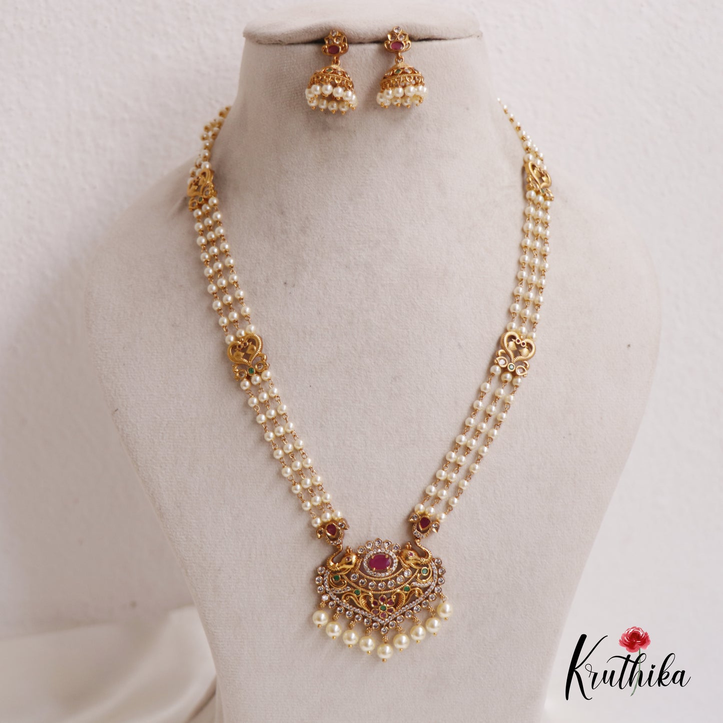 Attractive Triple Layered Pearl Strands With Elephant Motifs Pendant Haaram LH2015
