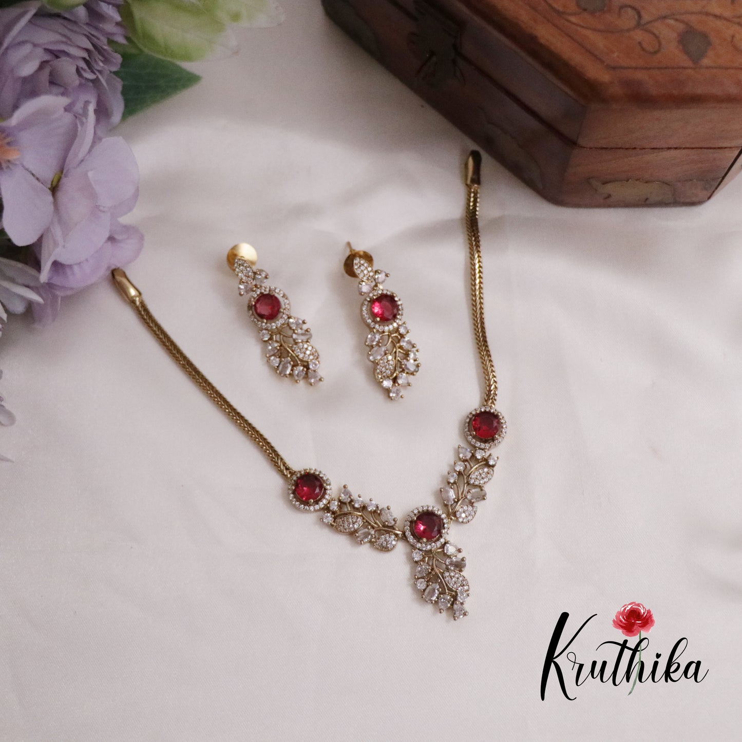 Simple AD Stone Floral  Necklace Set NC2229  (Available in 5 Colours)