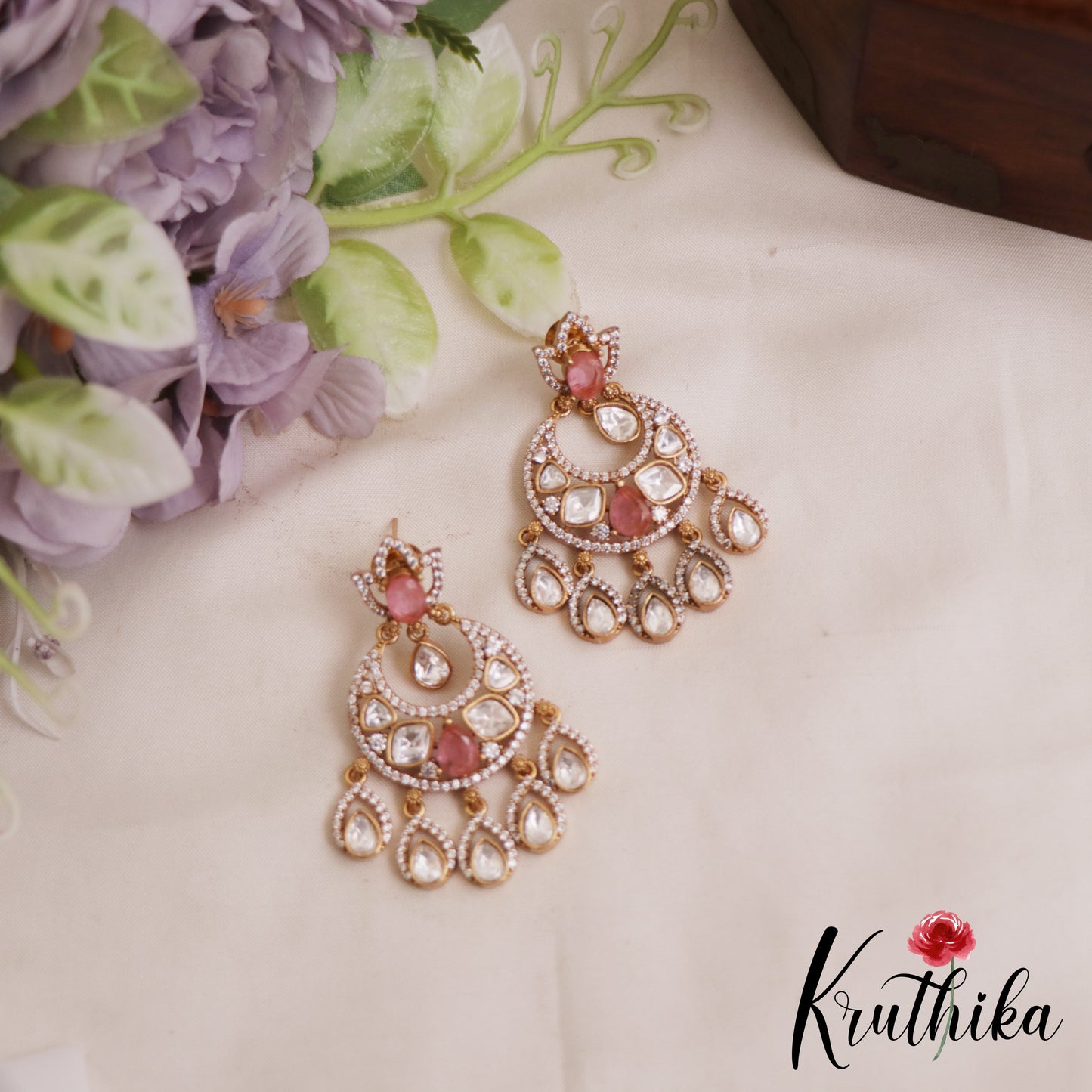 Sparkling Teardrop AD Victorian Chandbali Earrings E1063 (Available In 4 Colors)