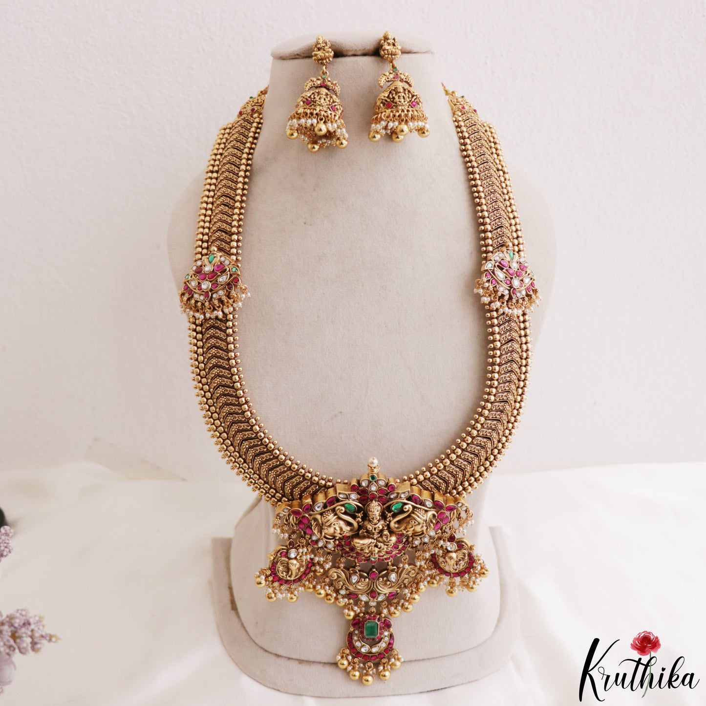 Grand 24K Gold-Inspired Antique Nagas Lakshmi Elephant Motifs Jadau Haaram LH2216 (Detachable Pendant)