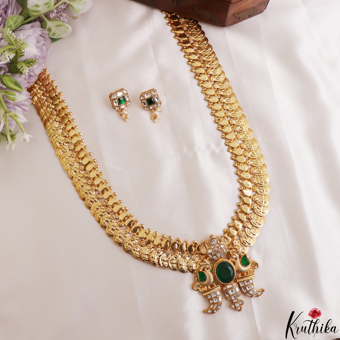 Premium Antique Lakshmi Kasu Jadau Haaram With Peacock Puligoru Pendant LH2188 (Available In 3 Colors)