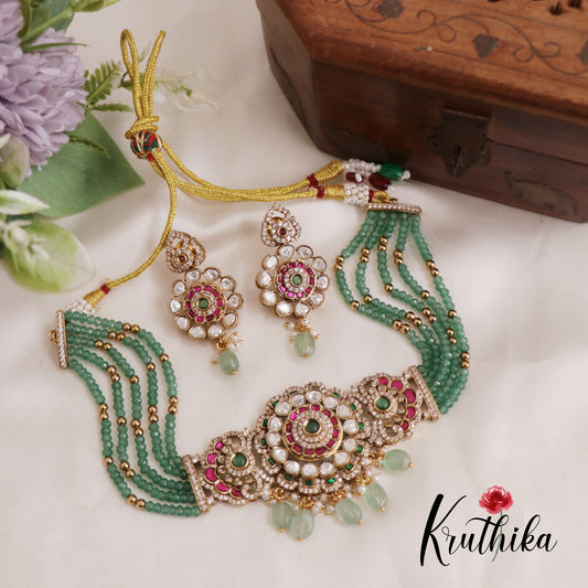 Classic Floral Motifs Jadau Choker With Multi Strand Chains NC2608 (Available In 2 Colors)