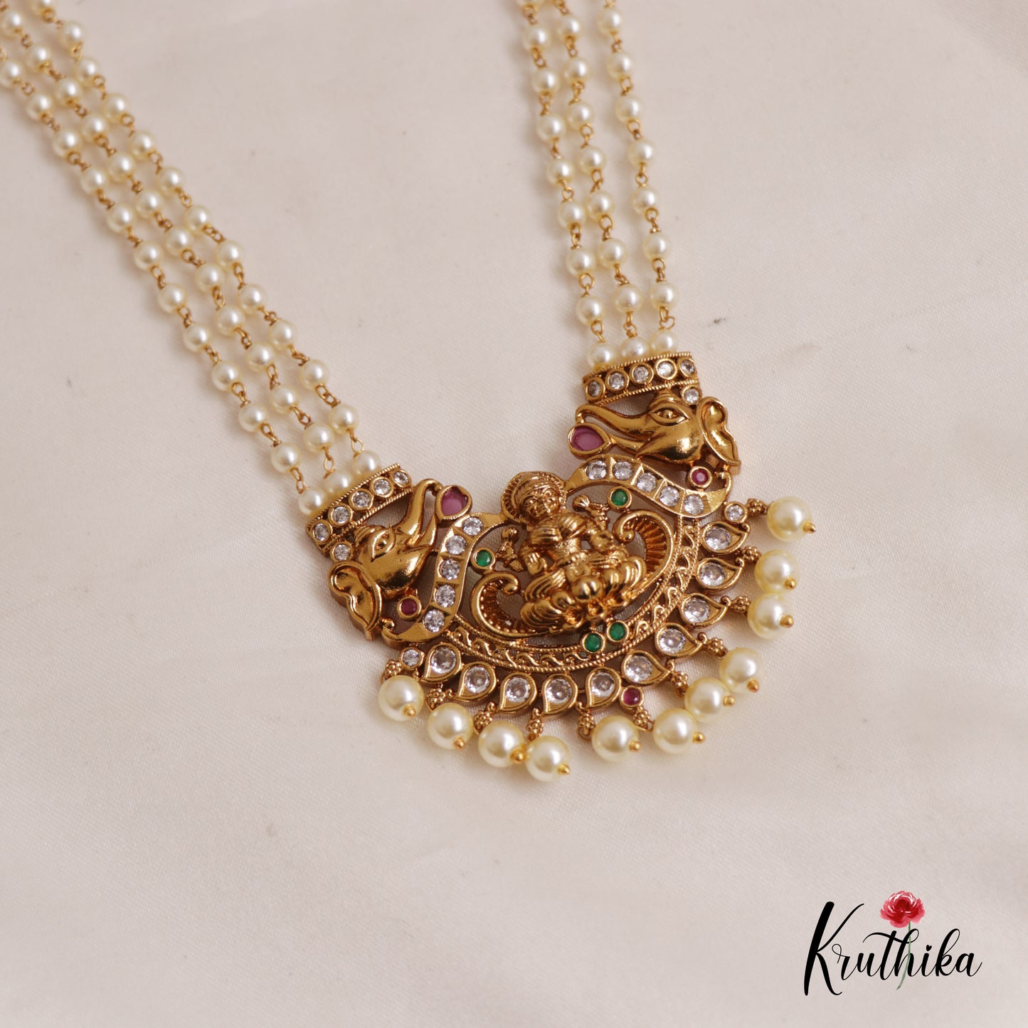 Classic Triple Layered Pearl Strands With Lakshmi Elephant Motifs Pendant Haaram LH2014
