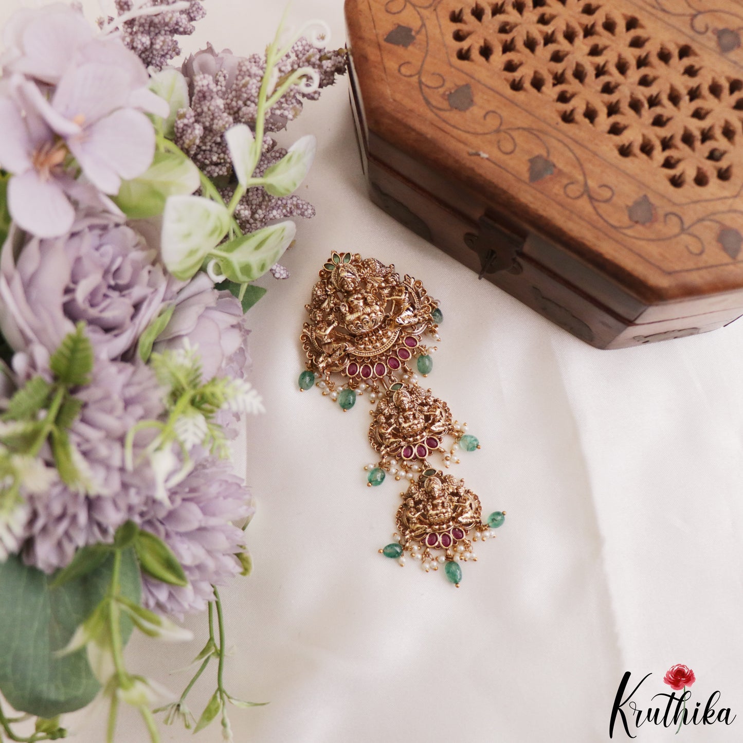 Premium Antique Lakshmi Motifs Jada Billa With Green Bead And Pearl Drops J440