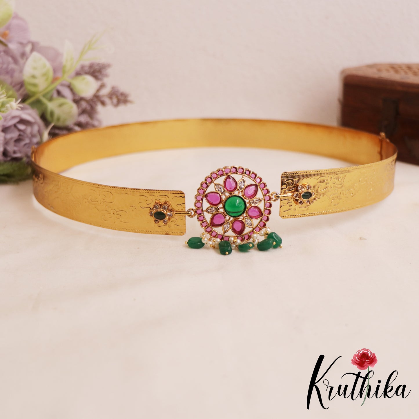Simple Floral Motifs Hip Belt With Green Bead Drops V366