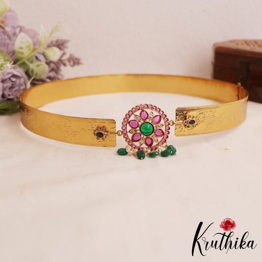 Simple Floral Motifs Hip Belt With Green Bead Drops V366