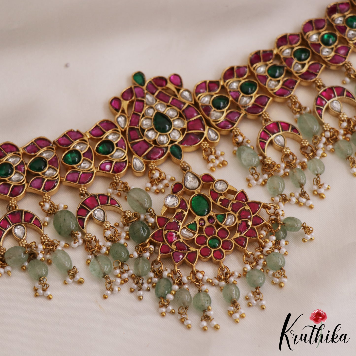 Premium Jadau Choker with Green Bead Drops NC2613