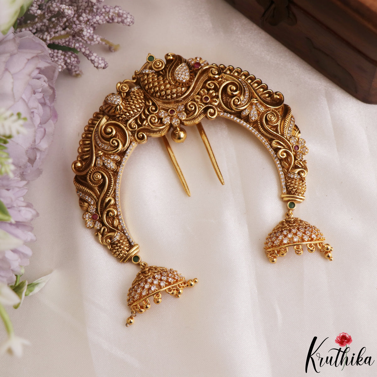 Premium Antique Peacock Motifs Half Moon Shape Jhumka Drops Jada Billa J422