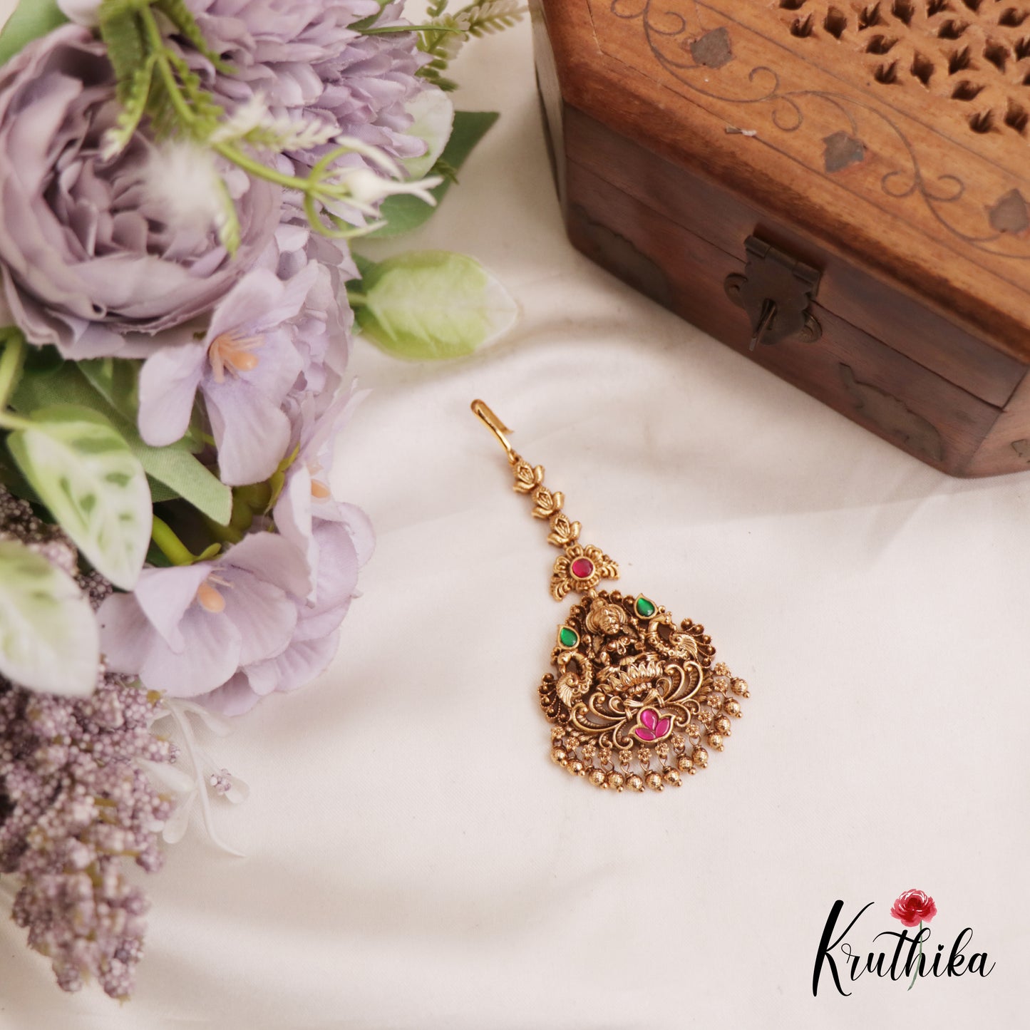 Traditional Antique Lakshmi Peacock Motifs Kemp Maang Tikka With Bead Drops MT368 (Available In 2 Colors)