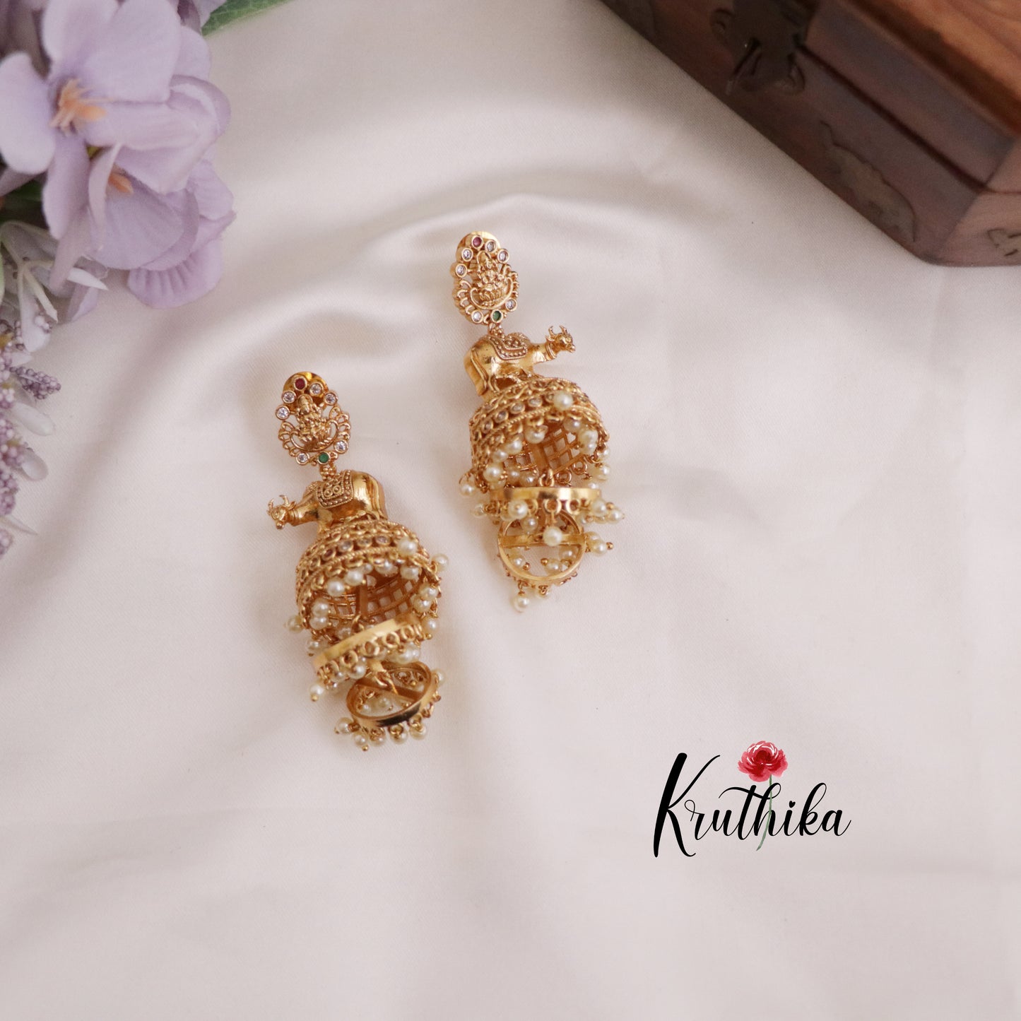 Beautiful AD Lakshmi Calf Three Layer Pearl Hanging Jhumkas E672