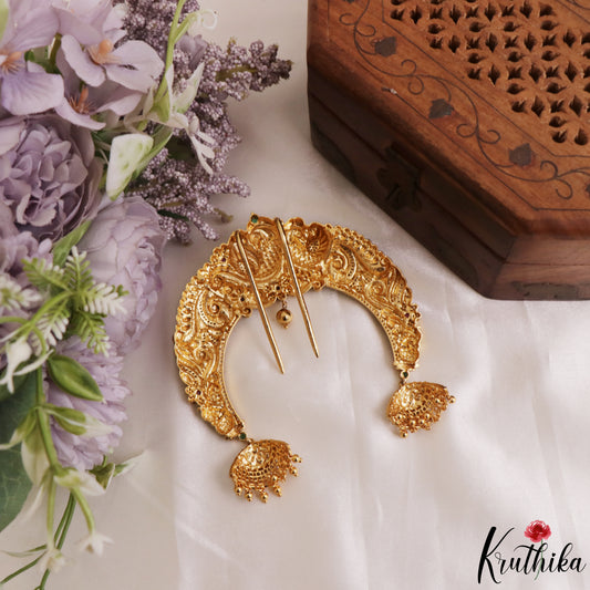 Premium Antique Peacock Motifs Half Moon Shape Jhumka Drops Jada Billa J422