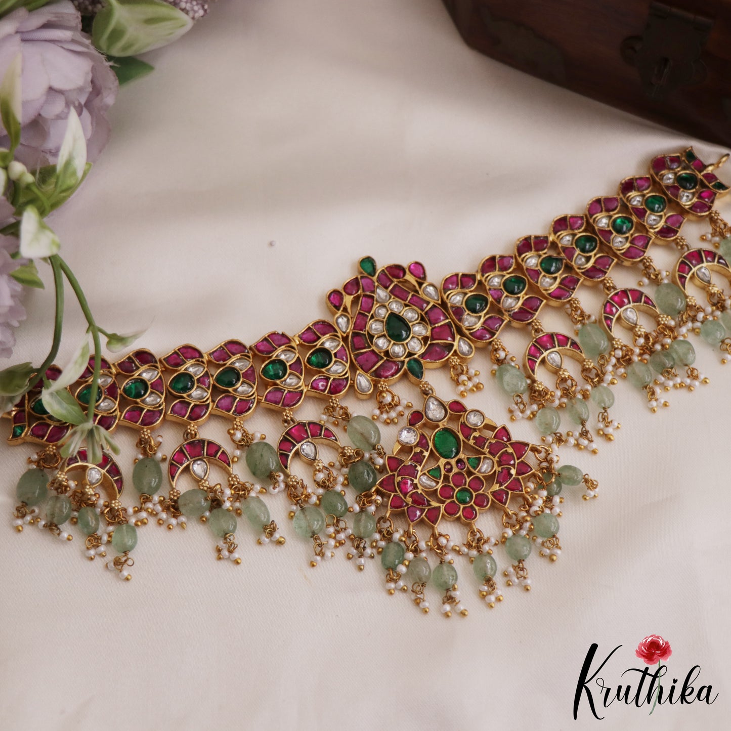 Premium Jadau Choker with Green Bead Drops NC2613