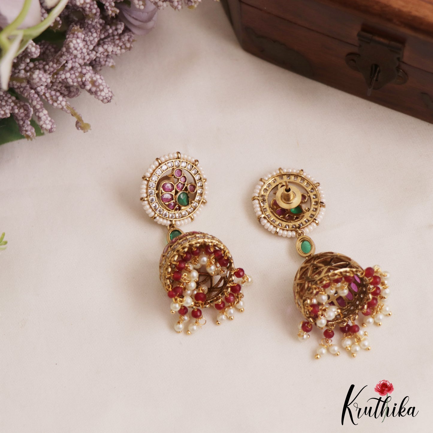 Stunning Peacock Motifs Kemp Jhumkas With Pear Bead Drops E1103 (Available In 2 Colors)