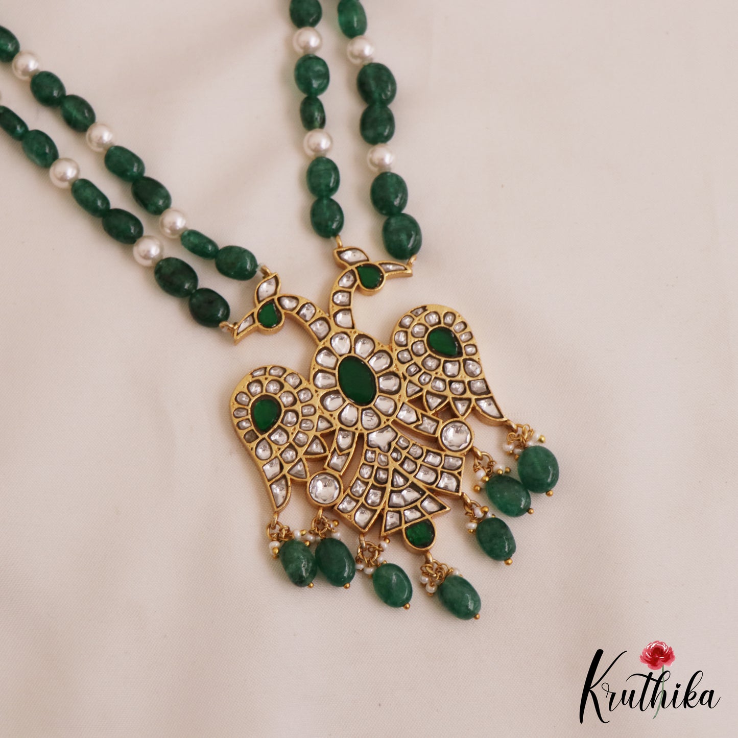 Premium Reversible Jadau Garuda Pendant haaram With Green Bead Drops LH2056