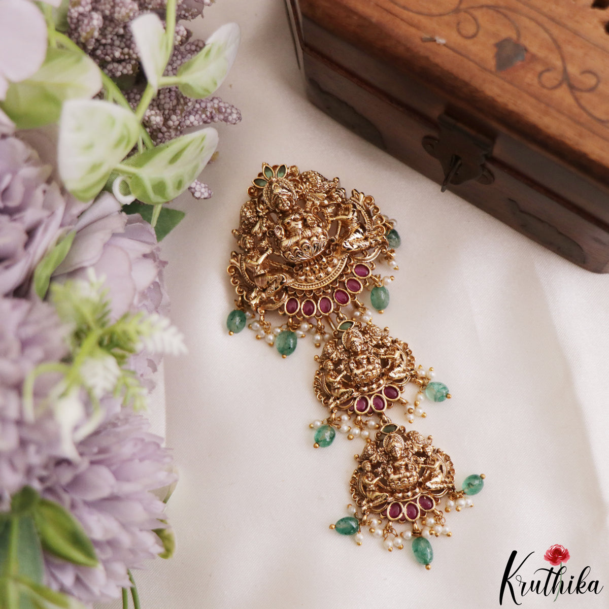 Premium Antique Lakshmi Motifs Jada Billa With Green Bead And Pearl Drops J440
