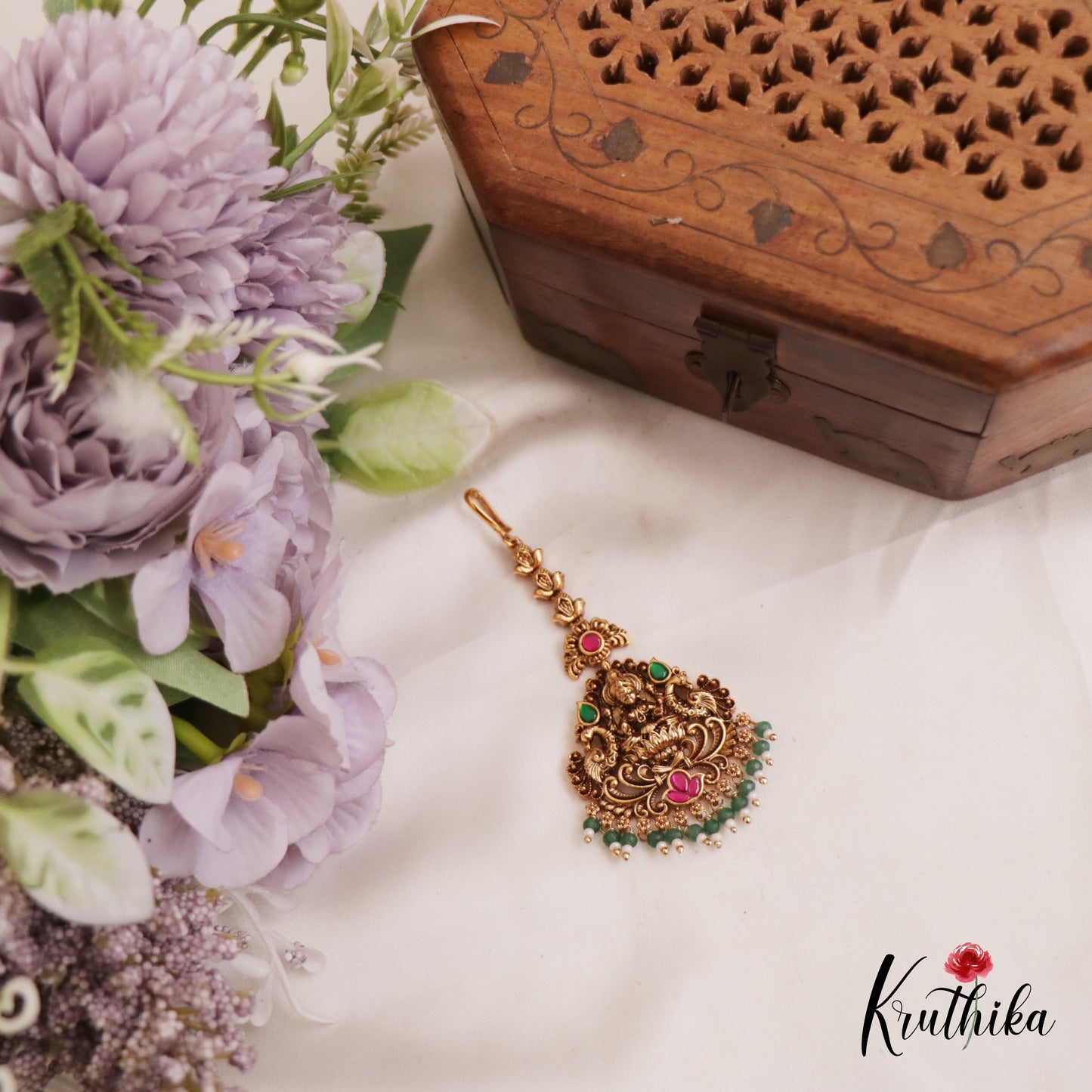 Traditional Antique Lakshmi Peacock Motifs Kemp Maang Tikka With Bead Drops MT368 (Available In 2 Colors)