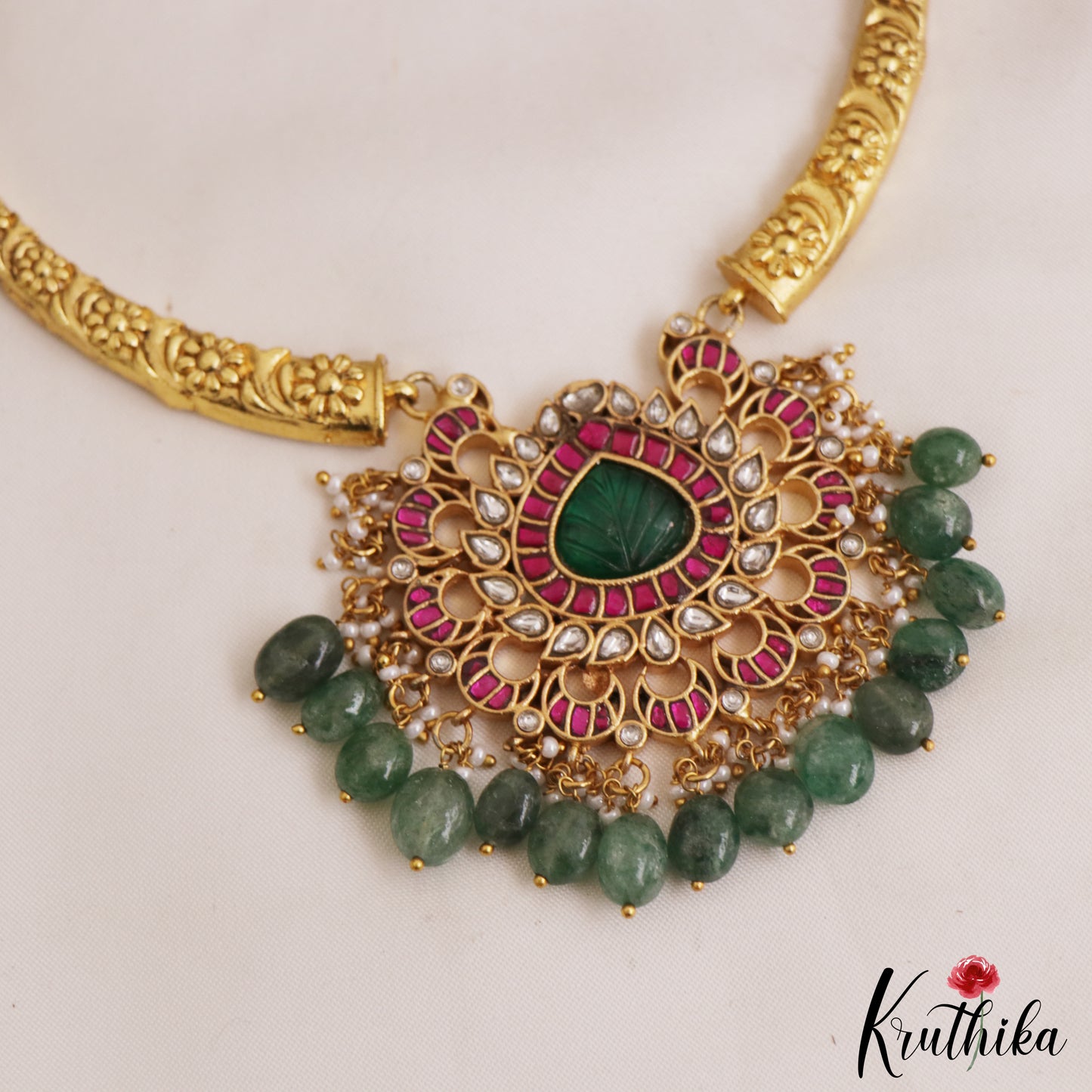 Trendy Teardrop Motifs Hasli Jadau Choker With Green Bead Drops NC2956