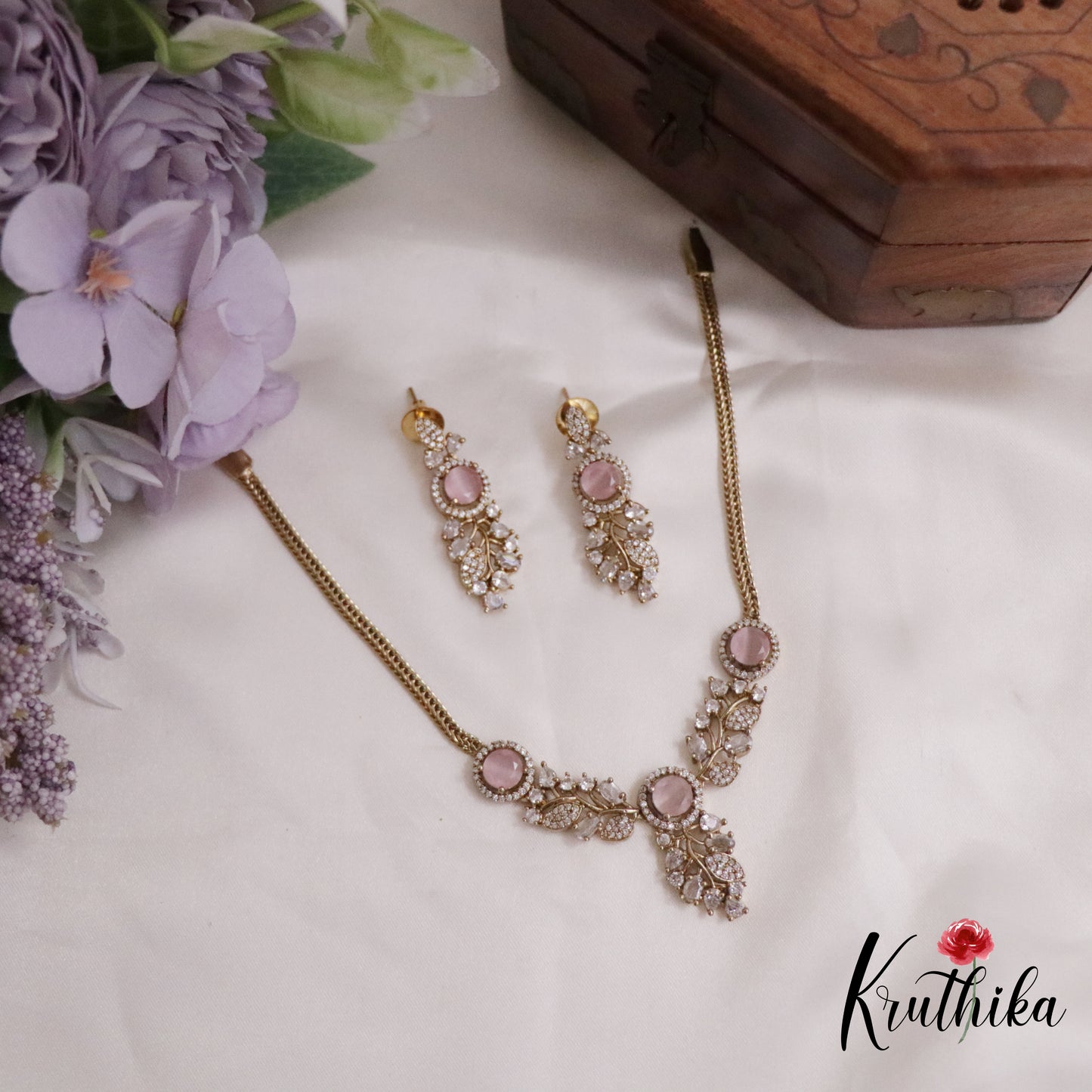 Simple AD Stone Floral  Necklace Set NC2229  (Available in 5 Colours)