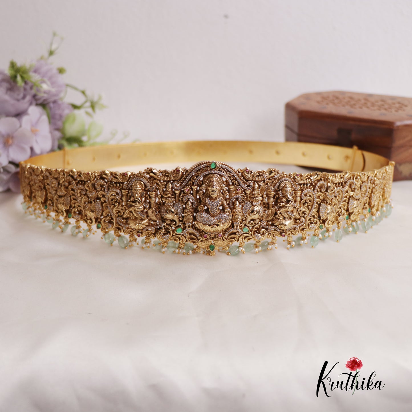 Premium AD Temple Lakshmi Ganesha Design Hip Belt With Green Beads V304