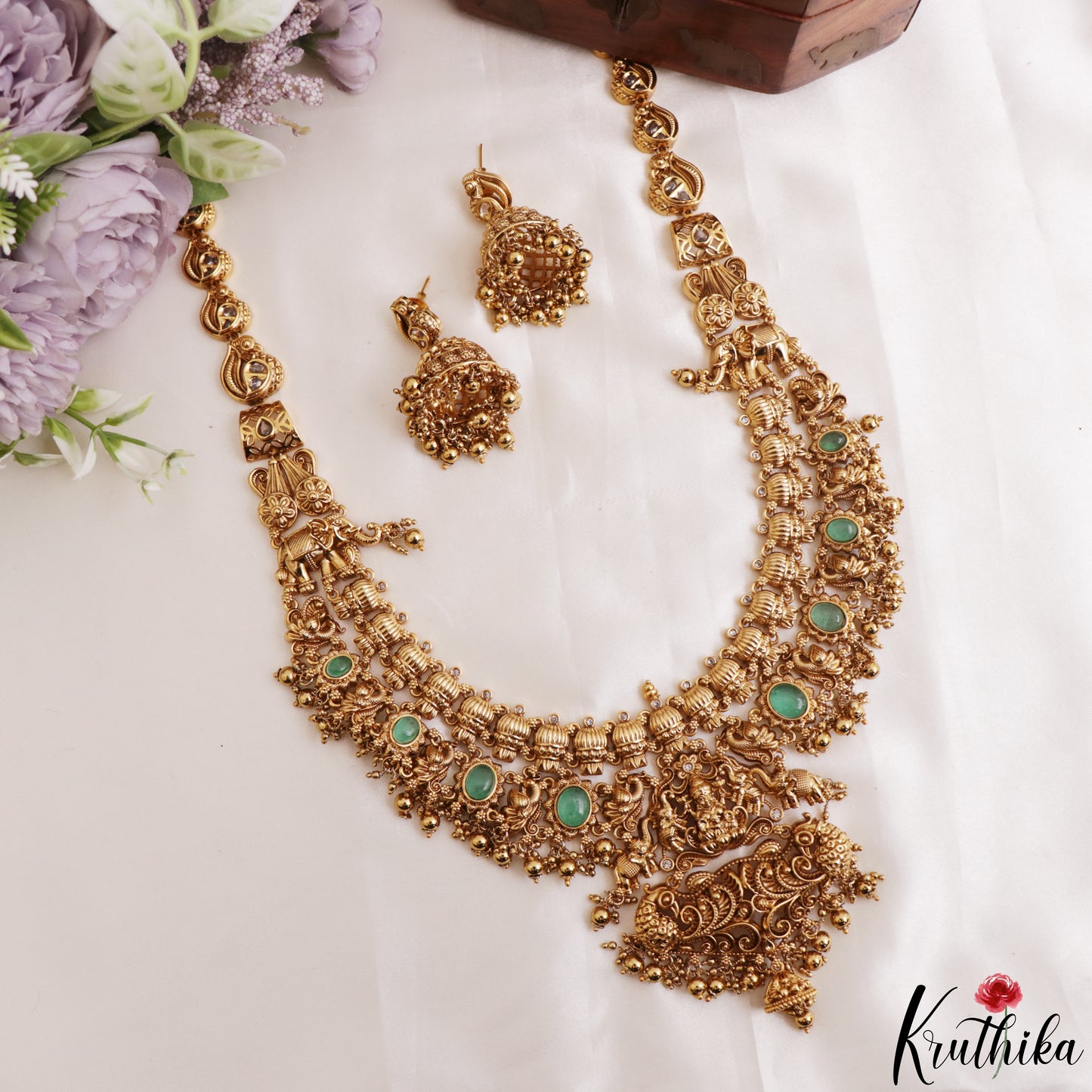 Premium Antique Nagas Lakshmi Peacock Motifs Temple Haaram With Golden Bead Drops LH2203